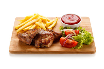 Griled meat with french fries on white background