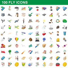 100 fly icons set, cartoon style