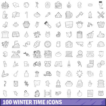 100 winter time icons set, outline style