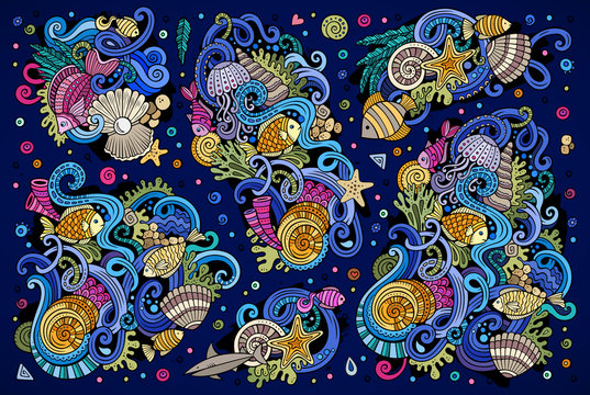 Colorful set of marine life objects