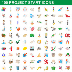 100 project start icons set, cartoon style