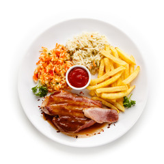 Grilled steak with french fries on white background