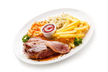 Grilled steak with french fries on white background