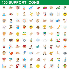 100 support icons set, cartoon style