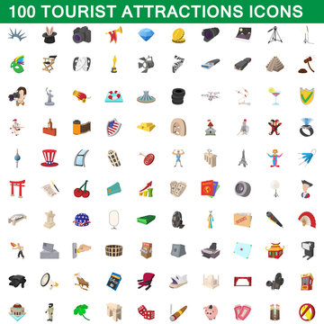 100 Tourist Attractions Icons Set, Cartoon Style