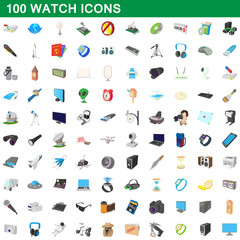 100 watch icons set, cartoon style