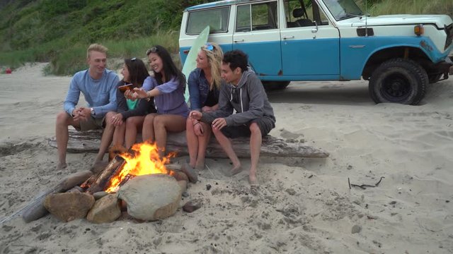 Group of friends at beach hanging out by campfire