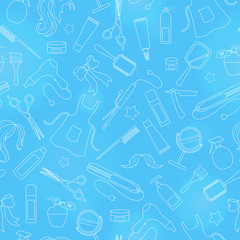 Seamless pattern on the theme of the Barber shop, the tools and accessories of the hairdresser, light contour on blue background