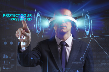 Business, Technology, Internet and network concept. Young businessman working in virtual reality glasses sees the inscription: Protect your password