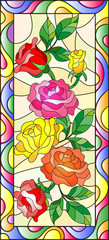 Illustration in stained glass style with flowers  and leaves of  rose in a bright frame,vertical orientation