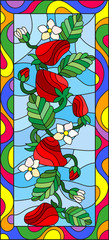 Illustration in stained glass style with flowers, berries and leaves of strawberry in a bright frame,vertical orientation