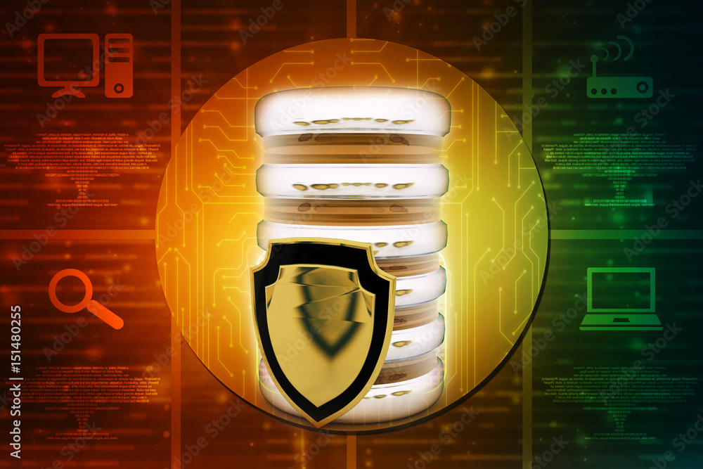 Poster 3d rendering database storage data base with protected shield