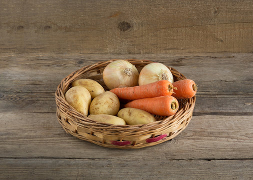 Basket of vegetables on the wood background