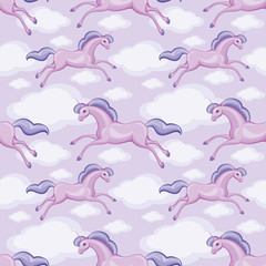 Seamless pattern with the image of a beautiful fantastic unicorn. Colorful vector background.