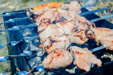 Marinated shashlik preparing on a barbecue grill over charcoal. Shish kebab on the grill. BBQ of fried meat on charcoal