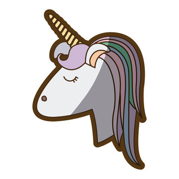 white background with face side view of female unicorn and color striped mane and thick contour vector illustration