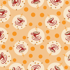 Red coffee Cup on orange background. Seamless pattern. Background with polka dots. Design for textiles, wall hangings, wrapping paper.