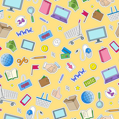 Seamless pattern on the theme of online shopping and Internet stores, the colored patches icons on yellow background