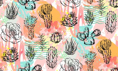 Cotton fabric Hand drawn vector abstract graphic creative succulent,cactus and plants seamless pattern on colorful artistic brush painted background.Unique unusual hipster trendy design.Hand made graphic art