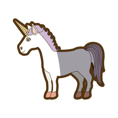 white background with caricature unicorn standing and purple mane and thick contour vector illustration