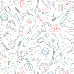 Seamless pattern on the theme of the Barber shop, the tools and accessories of the hairdresser,simple contour icons are drawn with colored markers on white background