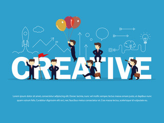 Cartoon working little people with  big word Creative. Vector illustration for business design and infographic.