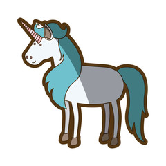 white background with cartoon unicorn standing with long blue mane and thick contour vector illustration