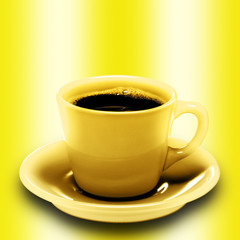 Bright shiny golden coffee cup on golden plate, filled with fresh, hot, aromatic black coffee, isolated against the golden background.