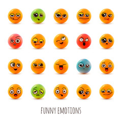 Emotions. Set of smiley face icons with different facial expressions. 3D. Isolated on white.  Vector characters.