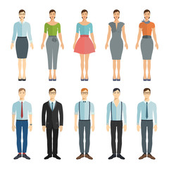 Fototapeta na wymiar Young businessman and businesswoman in flat style. Vector collection.