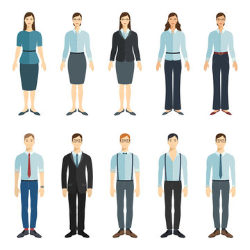 Young businessman and businesswoman in flat style. Vector collection.