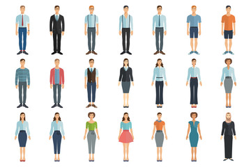 Young men and women in flat style. Set of vector characters.