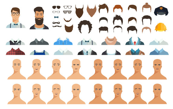 Avatar constructor. Choose haircut, clothes and emotion. Vector illustration in flat style.