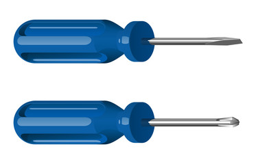 Две стальные отвертки с пластиковыми синими ручками, крестовая и плоская, изолированные на белом фоне