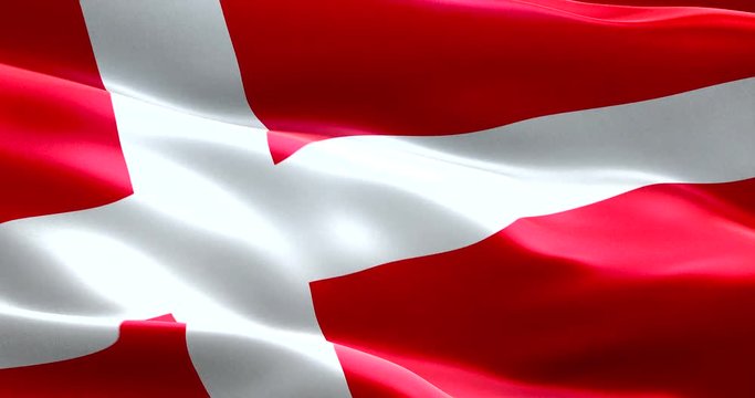 closeup of animation waving dannebrog denmark flag, with red background and white cross, national symbol of danish sign