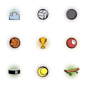 Sports accessories icons set, pop-art style