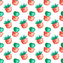 Seamless pattern with little cacti in pots