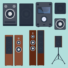 Home sound system stereo flat vector music loudspeakers player subwoofer equipment technology.