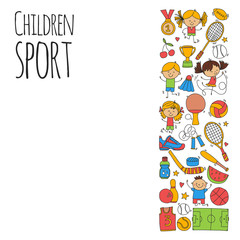 Children sport Fitness Football Volleyball Tennis Basketball Bicycle Running Award Baseball Kids sport for boys and girls Vector pattern