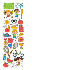 Children sport Fitness Football Volleyball Tennis Basketball Bicycle Running Award Baseball Kids sport for boys and girls Vector pattern