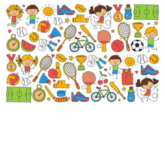 Children sport Fitness Football Volleyball Tennis Basketball Bicycle Running Award Baseball Kids sport for boys and girls Vector pattern
