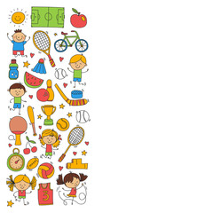 Children sport Fitness Football Volleyball Tennis Basketball Bicycle Running Award Baseball Kids sport for boys and girls Vector pattern