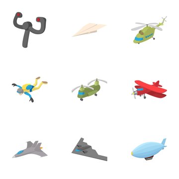 Flying machine icons set, cartoon style