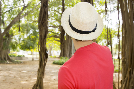 Man stands with his back to us in white hat and on the background pipal trees