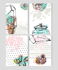 Hand drawn vector abstract Save the Date greeting card collection set templates with succulent,cactus plant in terrarium and freehand texture in pastel color.Design for wedding,journaling,