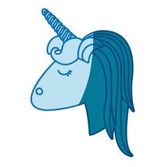 blue silhouette of face side view of female unicorn with striped mane vector illustration