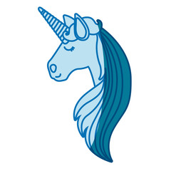 blue silhouette of of face side view of female unicorn and long striped mane vector illustration