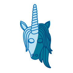 blue silhouette of front face of female unicorn with closed eyes and mane vector illustration