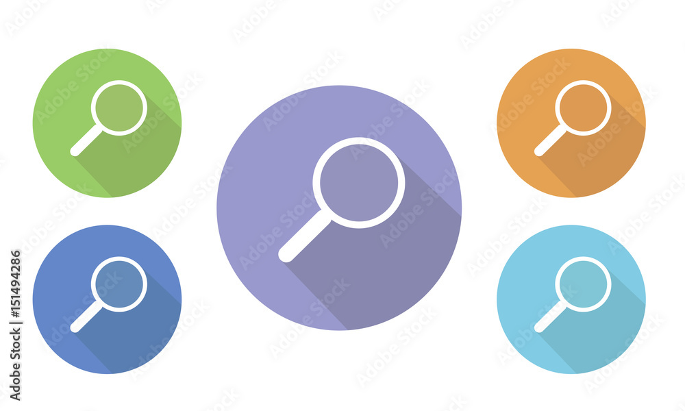Poster set of colorful vector flat illustrations of circular icons and search buttons with a magnifying gla