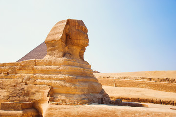 Guardian Sphinx guarding the tombs of the pharaohs in Giza. Cairo, Egypt